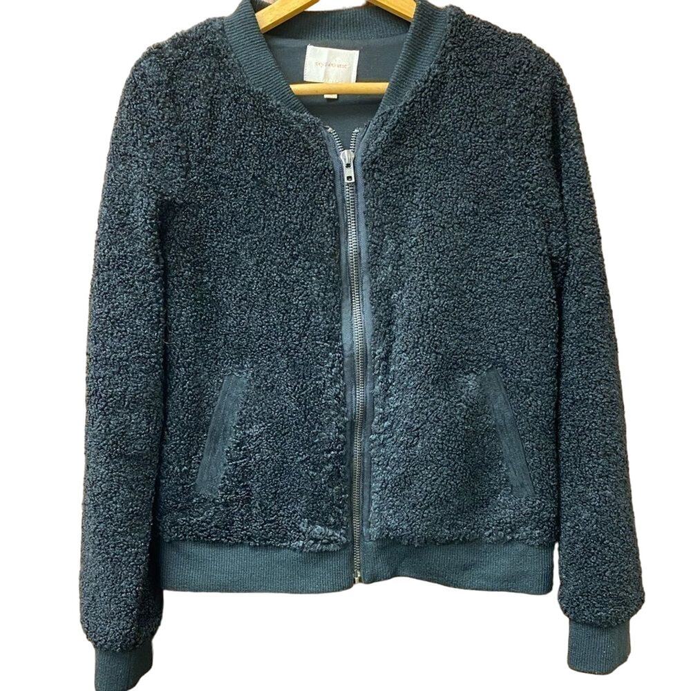 Skies Are Blue black teddy‎ bomber jacket with faux suede leather accents